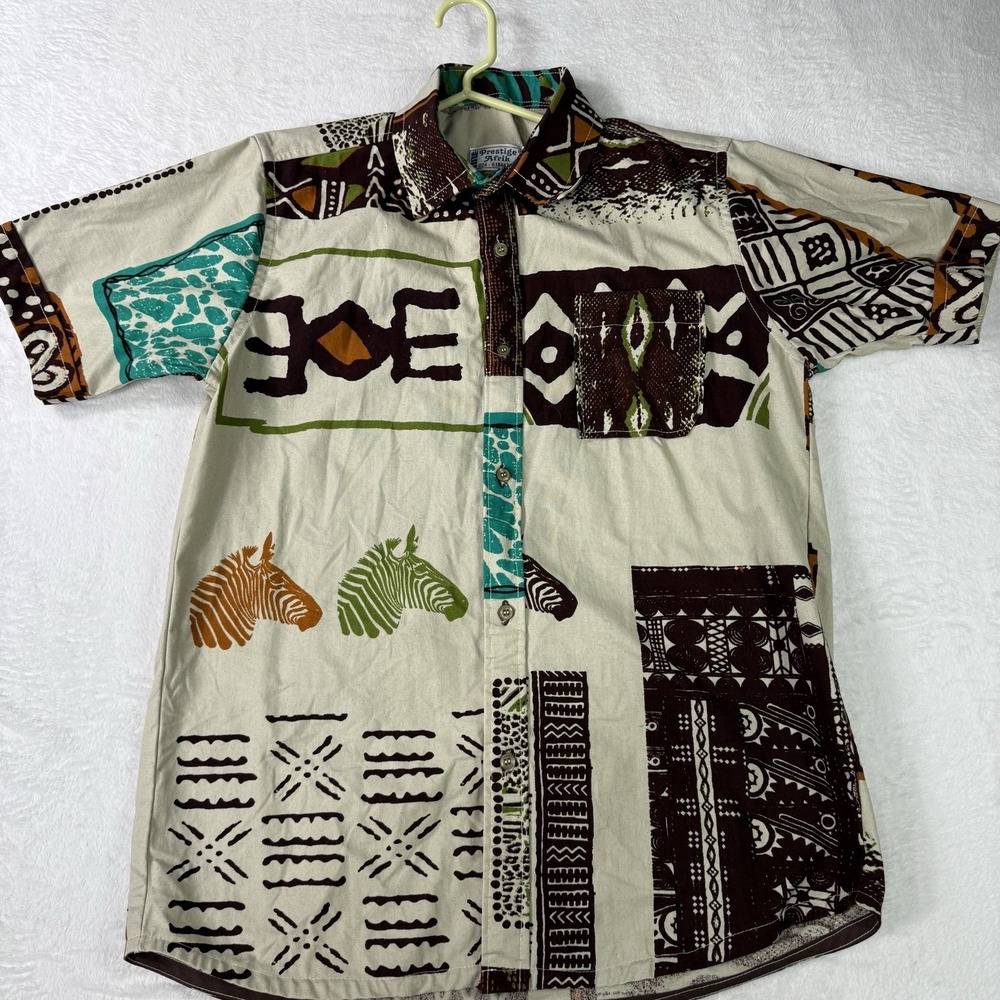 Vintage PRESTIGE Afik Shirt Mens Large Zebra Safari Tribal Canvas Designer
